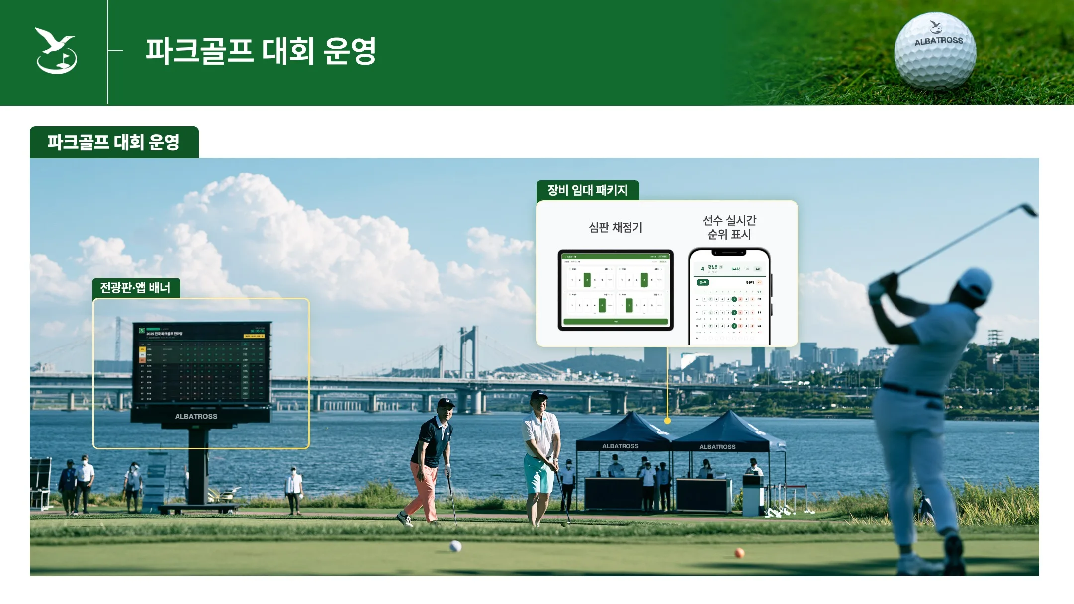 알바트로스 전광판 앱 배너, 심판 채점기, 선수 실시간 순위 표시와 현장 장비 임대 패키지 소개