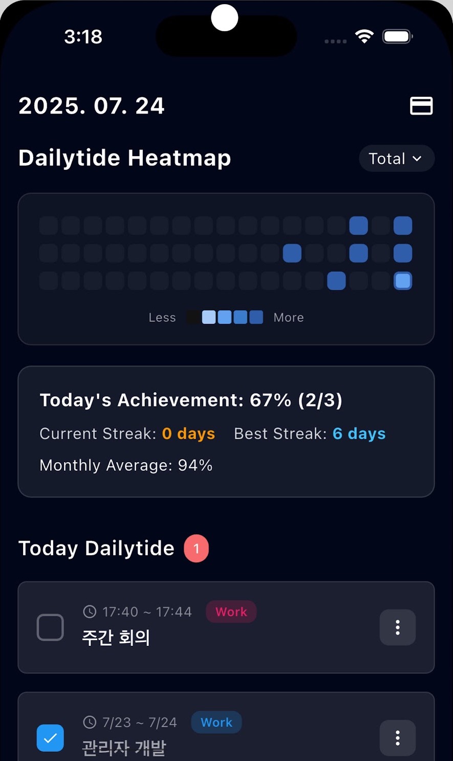 Dailytide 90일 히트맵과 오늘의 완료율을 확인하는 화면